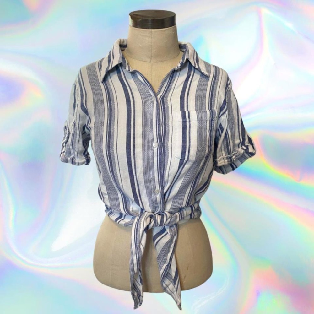 Japna Blue and White Striped Tie Button Up Blouse Size M